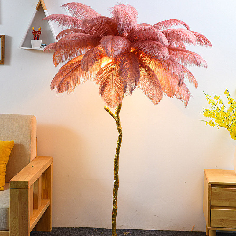 Modern Nordic Luxury Tree Branch Indoor Standing Light Resin Copper Ostrich Feather LED Floor Lamp