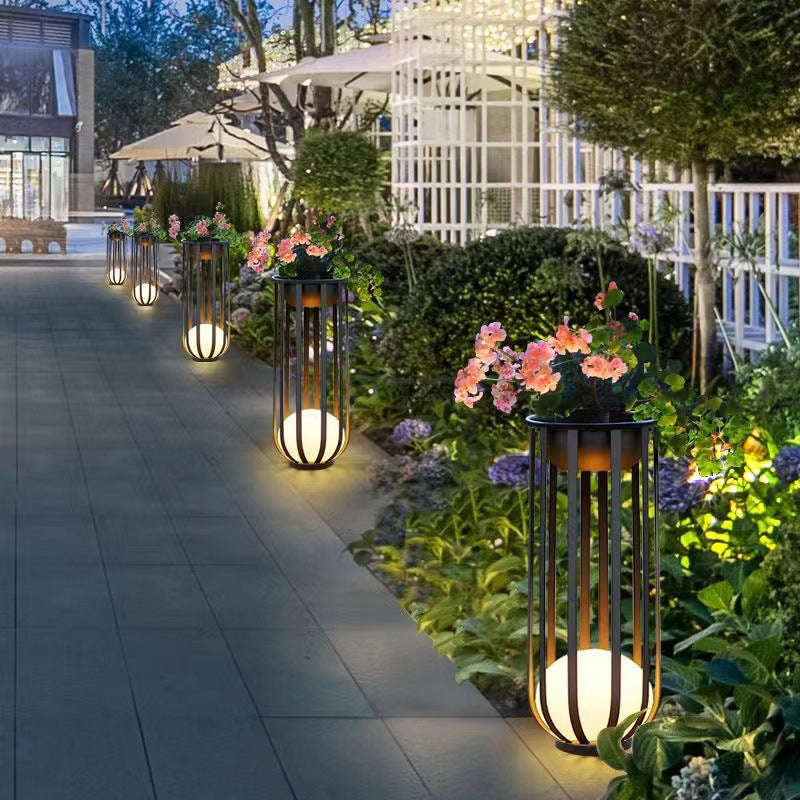 Modern Black LED Floor Lamp Display Shelves Garden Balcony Solar Ball Lamps