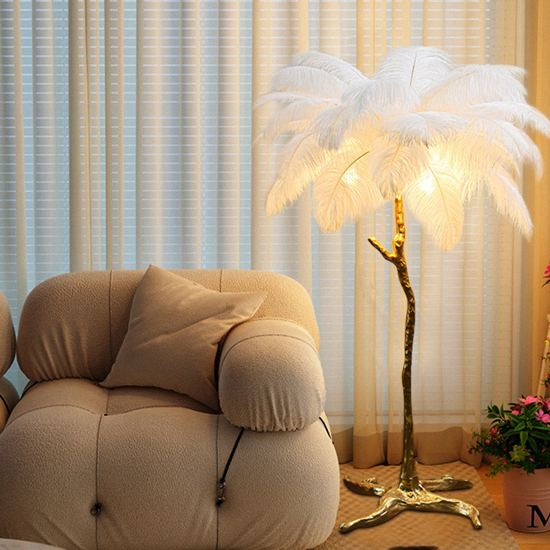 Modern Nordic Luxury Tree Branch Indoor Standing Light Resin Copper Ostrich Feather LED Floor Lamp