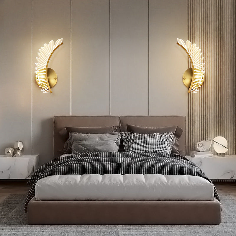 Nordic Villa Decorative Modern Feather Design Acrylic Wall Lamp Living Room Bedroom Copper Color Wall Lights