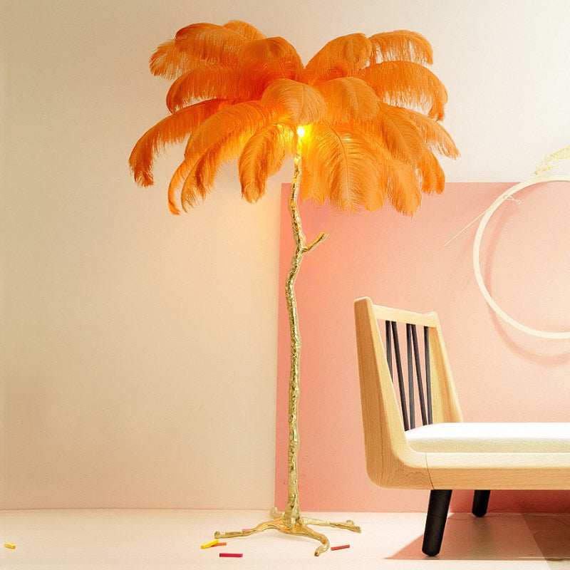 Modern Nordic Luxury Tree Branch Indoor Standing Light Resin Copper Ostrich Feather LED Floor Lamp