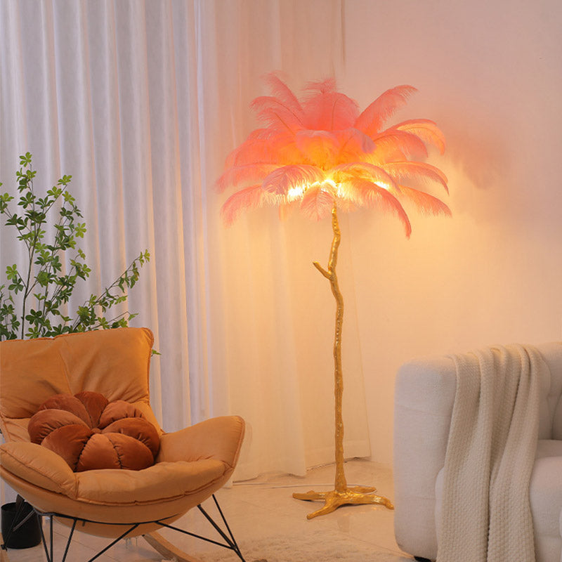 Modern Nordic Luxury Tree Branch Indoor Standing Light Resin Copper Ostrich Feather LED Floor Lamp