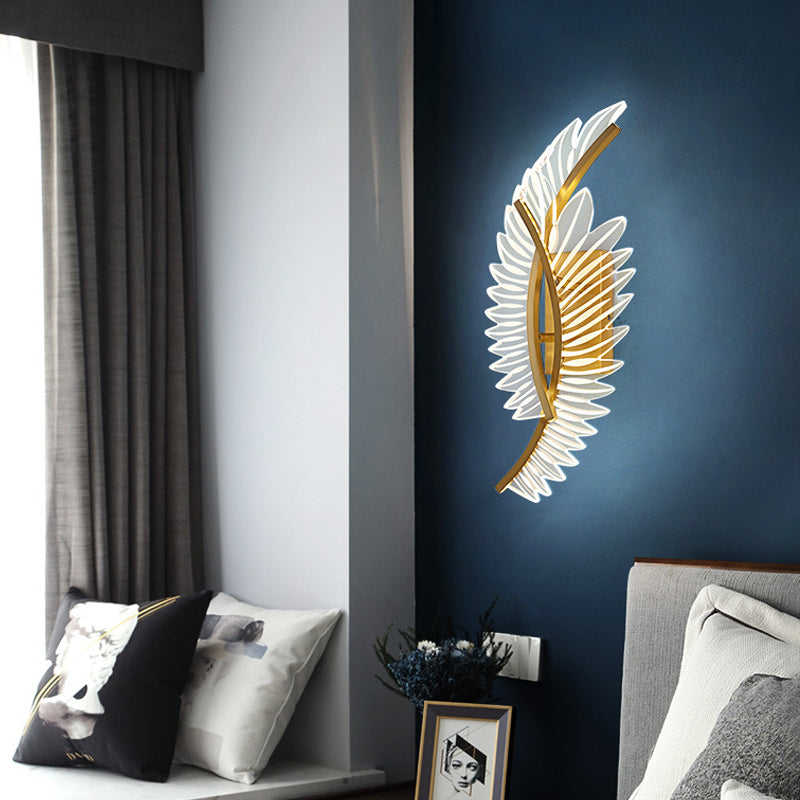 Nordic Copper LED Dimming Wall Lamp Feather Wings Design Art Living Room Background Wall Lamp Bedroom Bedside Lighting