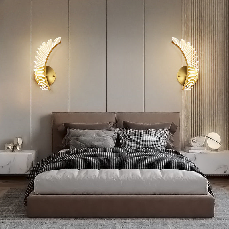 Nordic Feather Decorated Wall Lamp Living Room Bedroom LED Lamp Modern Hotel Copper Color Wall Lamp