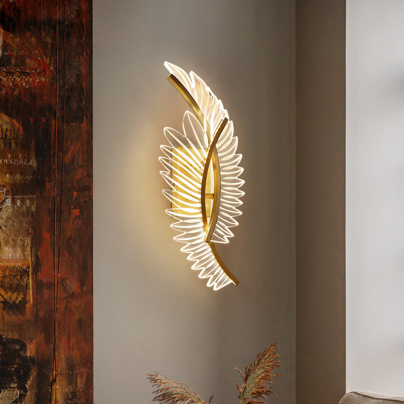 Nordic Copper LED Dimming Wall Lamp Feather Wings Design Art Living Room Background Wall Lamp Bedroom Bedside Lighting